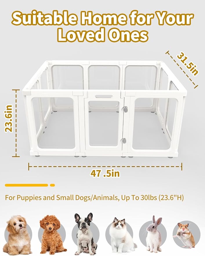 Dog Playpen, Clear Acrylic Plastic Puppy Playpen Indoor, Pet Pen for Puppy Cat Bunny, Transparent Easy Assemble Foldable Whelping Box for Dogs, Puppy Playpen with Gate (23.6" Height, 10PCS)