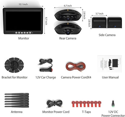 10.1" RV Backup Camera Wireless System Plug and Play, Pre-Wired for Furrion RV Trailer Camper, HD 1080P Quad Split Monitor with 2 Rear View & 2 Side View Cameras, IP69K Waterproof, BY504