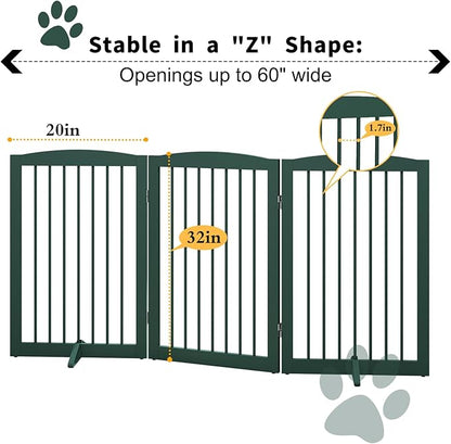 Freestanding Pet Gate for Dogs, Foldable Wooden Dog Gate for House Indoor, Step Over Pet Puppy Safety Fence for Stair, Doorway,Hall, Support Feet Included,3 Panels 32",Green