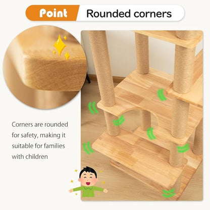 74" Wooden Cat Tree Tower for Large Cats, Multi-Level Cat Climbing Furniture with Scratching Posts, Cat Condo & Hammock, Natural Wood Cat Activity Center(Brown)