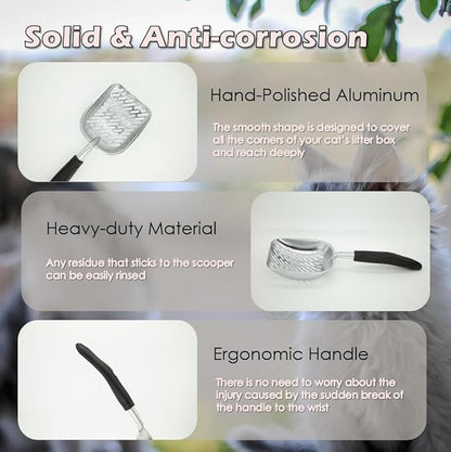 Full Metal Cat Litter Scoop with Holder – Heavy Duty Litter Scooper & Speed Sifter – Aluminum Cat Poop Scooper Captures All Clumps – Washable Stand for Easy Cleaning