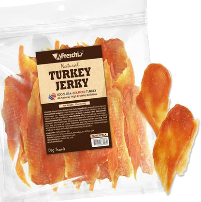 Afreschi Turkey Jerky Dog Treats –12 oz, USA-Sourced Trukey, All-Natural, Hypoallergenic, High-Protein, Low-Fat, Healthy & Easily Digestible, Puppy & Training Snack