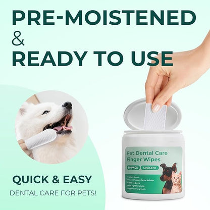 Dog Teeth Cleaning Wipes 50 Pack, Reduces Plaque and Freshens Breath, Dog Dental Wipes Dog Tooth Brushing Kit, No-Rinse Dog Toothbrush Finger Wipes Dental Care for Dogs Cats