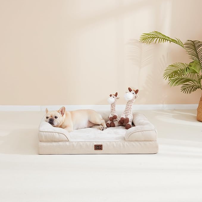 EHEYCIGA Orthopedic Dog Beds for Extra Large Dogs, Waterproof Memory Foam XL Pet Bed with Sides, Non-Slip Bottom and Egg-Crate Foam Big Dog Couch Bed with Washable Removable Cover, Beige