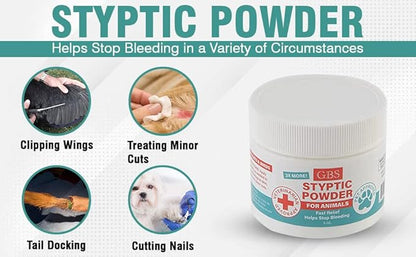 G.B.S 5 oz Styptic Powder for Dogs, Cats & Birds – Quick Blood Clotting for Nail Clipping, Minor Cuts, Tail Docking & Wing Clipping – Pet First Aid Hemostatic Powder with Sealed Top & Scoop