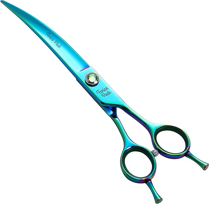 Fenice Peak 7.5'' Green Curved Dog Grooming Scissors Pet Shears with Ergonomic Offest Handle and Simulated Emerald Screw 440C Grooming Scissors Trimming Shears Durable and Sharp