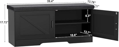 2-Tier Storage Bench, Shoe Bench with Padded Seat Cushion, Entryway Bench with 2 Barn Doors, Adjustable Shelf, 13.8" D x 39.4" W x 17.7" H, for Entryway, Living Room, Bedroom, Black