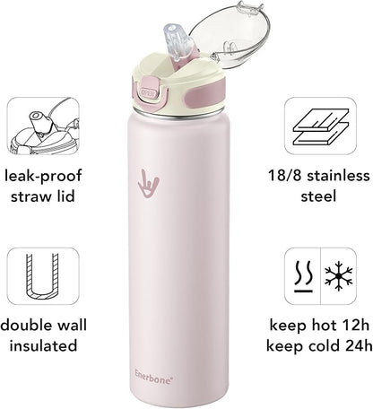 Enerbone 32 oz Insulated Water Bottle, Stainless Steel Bottle with Carrying Strap, Double-Wall Vacuum Insulation Design, Leakproof Sports Bottle with Straw, Keep Drinks Cold or Hot for Hours