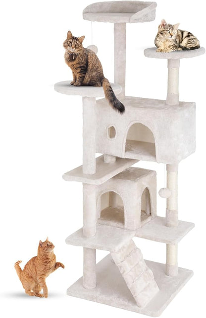 FDW Cat Tree 54in Cat Tower Multi-Level Durable Cat Scratching Post & Cozy Fun Cat Jumping Platform Space Saving Cat Condo Pet Play House for Indoor Cats,Beige
