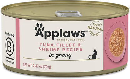 Applaws Natural Wet Cat Food in Gravy, Limited Ingredient Canned Wet Cat Food, No Additives, Made with Natural Ingredients, Tuna Fillet & Shrimp in Gravy (24 x 2.47oz Cans)