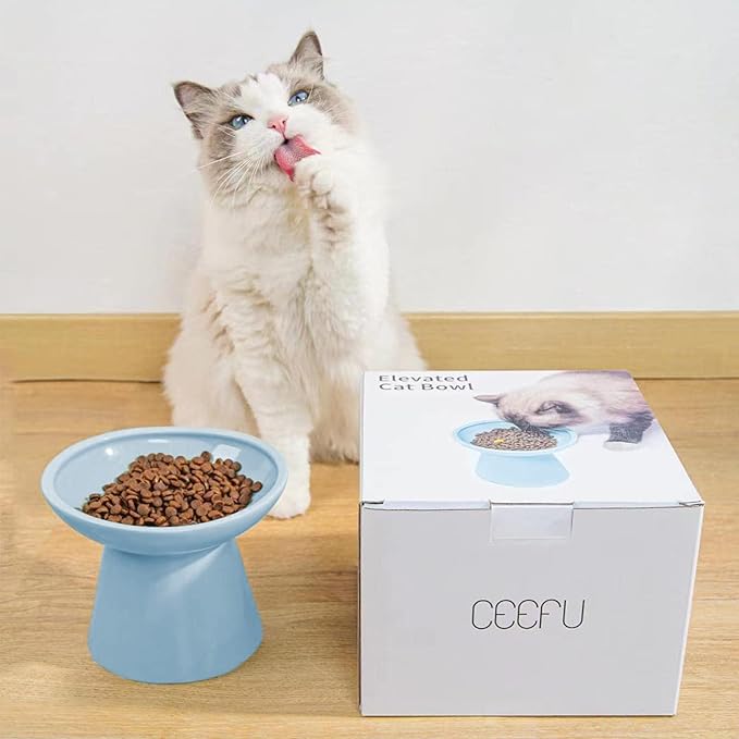 Extra Wide Elevated Ceramic Cat Food Bowl - 6.2" Shallow Dish for Whisker Fatigue Relief, 5" Height for Easy Feeding, Lead & Cadmium Free, Durable Raised Cat Food Bowls, Blue