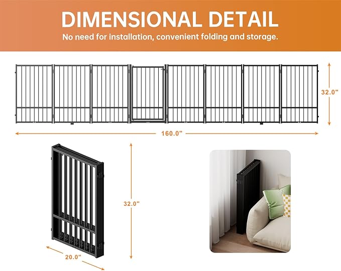 Full Metal Freestanding Dog Gate with Door, 32''Height Foldable Pet Dog Fence for Indoor & Outdoor, 8 Panels Extra Wide Free Standing TallDog Gates for Doorways,House,Stairs,Porch,Deck,Yard