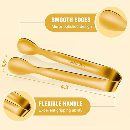 12 PCS Small Serving Tongs, 4.3" Mini Gold Tongs, Gold Kitchen Tongs for Serving Food, Coffee Bar, Tea Party, Desserts Party and Ice Bucket