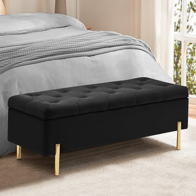 45.6 Inch Velvet Storage Ottoman, Rectangular Accent Bench for Bedroom & Living Room, Black