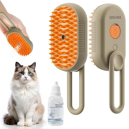 3 in 1 Cat Steam Brush, Pet Steam Cats Brushes Rechargeable Anti-Static Grooming Brushe, Vibration Massage Cleaning Shedding & Combing Multifunctional Hair Removal Comb for Cats Dog (Khaki)