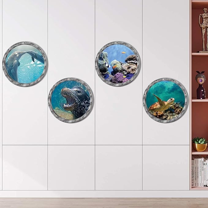 4 PCS Removable 3D Under The Sea Nature Scenery Wall Decals - Animals Wall Sticker Home Wall Art Decor for Bathroom Bedroom Door Kids Baby Nursery Room - Includes Turtles, Dolphins, Sea Lions, Coral