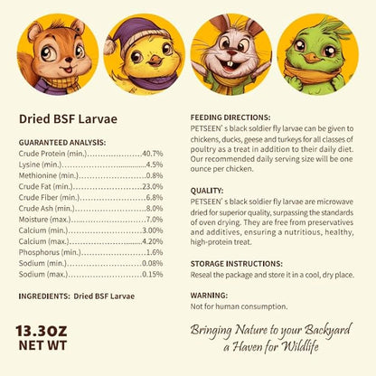 Dried Black Soldier Fly Larvae, 100% Natural, Non-GMO, High-Protein Treats for Chickens, Layer Hens, Wild Birds, Ducks, 13.3 oz, Pack of 4