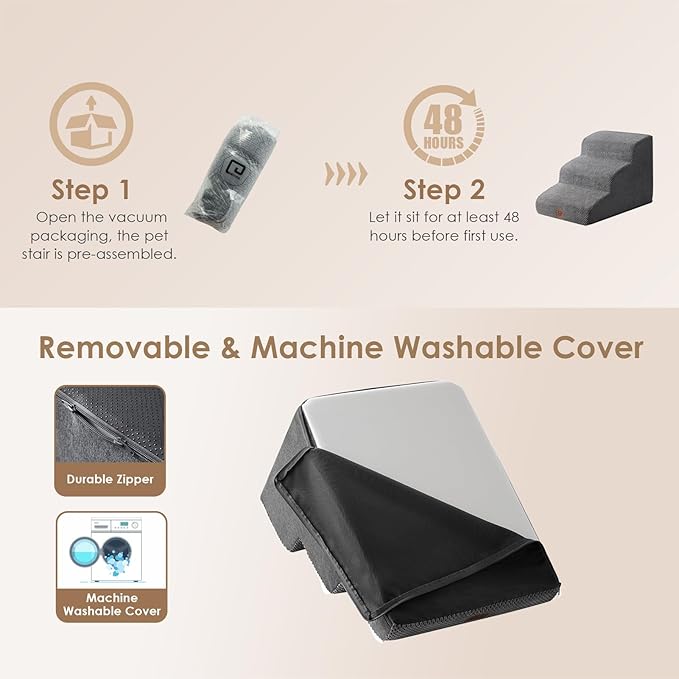 EHEYCIGA Curved Dog Stairs Ramp for Small Dogs 15.7" H, 3-Step Dog Steps for Couch Sofa and Chair, Pet Stairs for Cats, Non-Slip Balanced Pet Steps Indoor, Grey