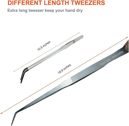 2 Pack Extra Long Tweezers, Fecsam Feeding Tongs, 18.9 inch & 10.5 inch Curved Aquarium Stainless Steel Large Aquascape Tools for Fish Tank, Terrarium，Aquascaping, Reptile, Bearded Dragon