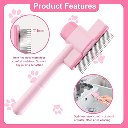 2PCS Flea Comb for Cats and Dogs with Pet Hair Remover Glove, Self Cleaning Pet Flea Cat Grooming Brush with Release Button for Massaging and Cleaning Shedding Pets Hairs