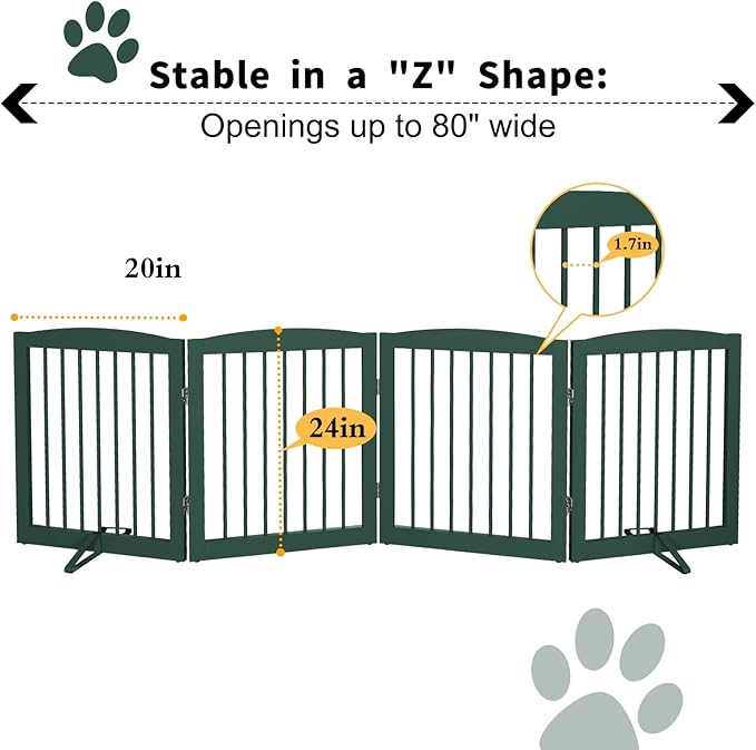 Freestanding Pet Gate for Dogs, Foldable Wooden Dog Gate for House, Indoor Dog Gate for Stairs, Doorways, Step Over Pet Puppy Safety Fence, 80 Inch Wide, 4 Panels 24", Green