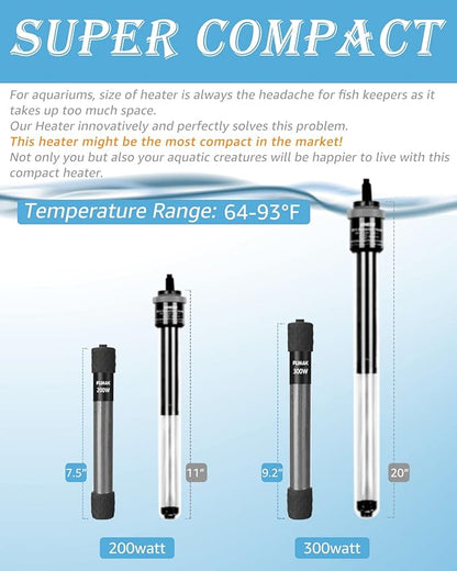 300W Adjustable Aquarium Heater Super Short Submersible Fish Tank Heater Fish Heater with LED Digital Display Thermostat, for Tanks 40-60 Gallons