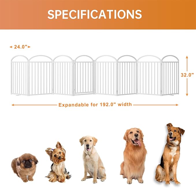 8 Panles Full Matel Freestanding Dog Gates with Door, 192"Extra Wide 32"Tall Free Standing Dog Pet Gate for Indoor & Outdoor. Foldable Pet Fences for Doorways, House, Stairs, Porch, Deck, Yard