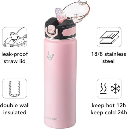 Enerbone 24 oz Insulated Water Bottle, Stainless Steel Bottle with Carrying Strap, Double-Wall Vacuum Insulation Design, Leakproof Sports Bottle with Straw, Keep Drinks Cold or Hot for Hours