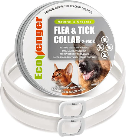 EcoVenger Flea & Tick Collar Repellent 2-Pack White, Fits Both Dogs & Cats, Built-in Pant-Based Formula Strong Repellency Slow Release, Lasting Deterrence and Protection, Pleasant Aroma, Waterproof