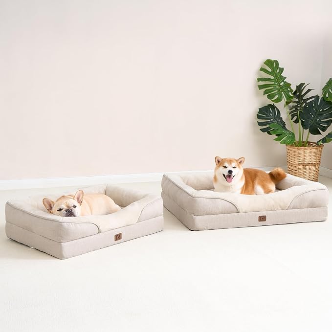 EHEYCIGA Memory Foam Dog Bed for Medium Size, Orthopedic Dog Sofa with Sides and Waterproof Liner, Washable Bolster Pet Bed Couch with Removable Cover, 30x20x6.5 Inch, Beige