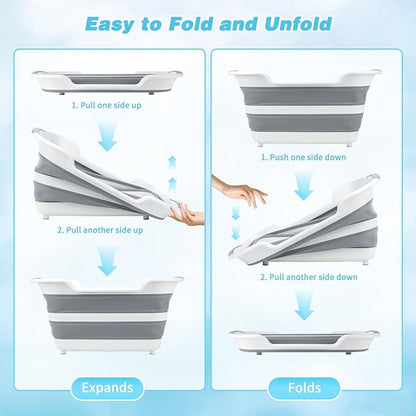 FHTONGE 7.13 Gal/27L Raised Collapsible Dog Bathtub with Drain Hair Catcher, Multifunctional Pet Washtub for Small to M Dog, Portable Puppy Tub Cat Shower Basin Laundry Basket Storage Organize Bucket