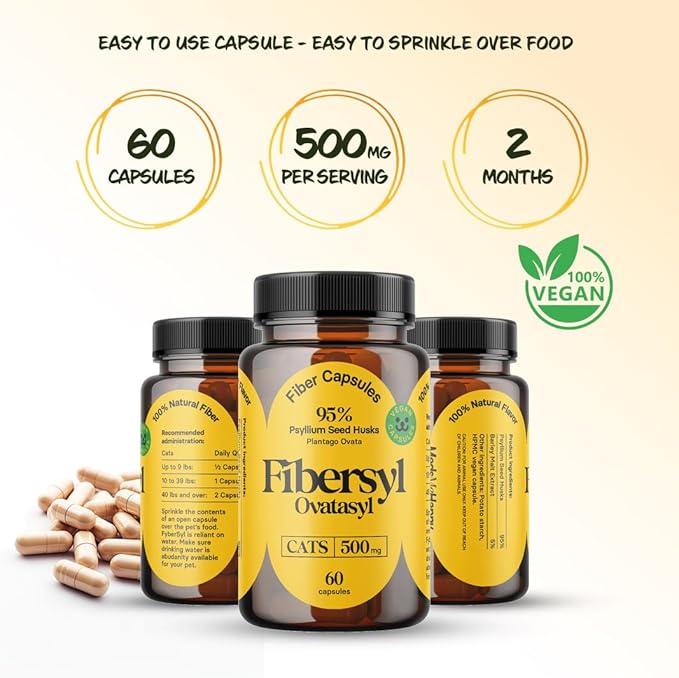 FiberSyl Ovatasyl Prebiotics for Cats Digestive Health - Cat Fiber Supplements for Constipation Relief & Support - Psyllium Husk Seed to Support Digestion Problems - Cat Stool Hardener - 60 Capsules