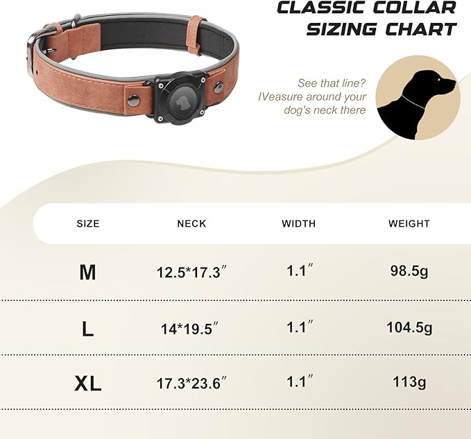 AirTag Dog Collar - Leather Dog Collar with Air Tag Holder | IPX8 Waterproof, Reflective, High - End, Adjustable Soft Padded | Dog GPS Tracker Collars Fit for Medium Large Dogs (Mahogany Brown, L)