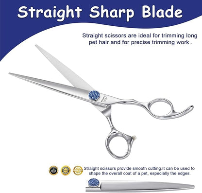 7.5'' Dog Grooming Scissors CNC 440C Blades Sharp and Durable Polished Straight Dog Shears with Blue Diamond Adustable Screws Easy to Use for Groomer and Home User