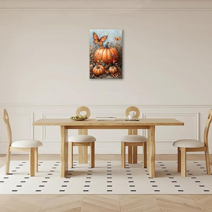 Fall Pumpkin Pictures Wall Art, Rustic Thanksgiving Bathroom Wall Decor, Farmhouse Autumn Butterfly Framed Painting Canvas Artwork for Harvest Gift Bedroom Living Room Decorations 24"L x 16"W