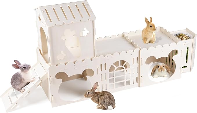Extra Large Rabbit House, Wooden Bunny House Hideout with 4 Houses and Hay Feeder Indoor, Rabbit Guinea Pig Hideout Multistory Climbing Tower Sturdy Wooden Castle, Small Animal Hideaway Tunnel