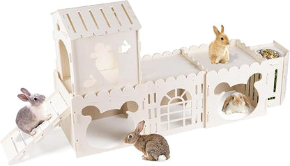 Extra Large Rabbit House, Wooden Bunny House Hideout with 4 Houses and Hay Feeder Indoor, Rabbit Guinea Pig Hideout Multistory Climbing Tower Sturdy Wooden Castle, Small Animal Hideaway Tunnel