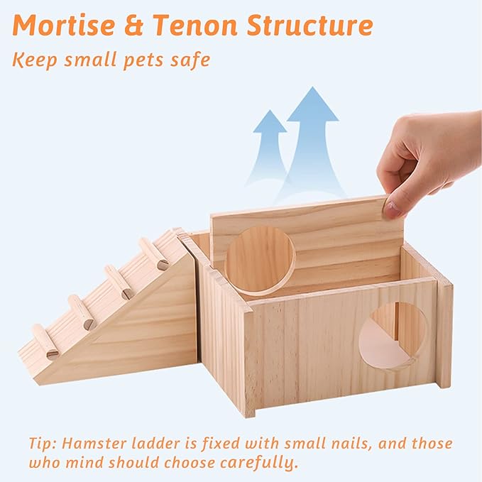 Fhiny Wooden Hamster Hideout for Small Animal, Gerbils Chamber Hut with Ladder Habitats Decor, Maze Climbing Toys for Dwarf Syrian Hamsters Mice and Other Small Pets