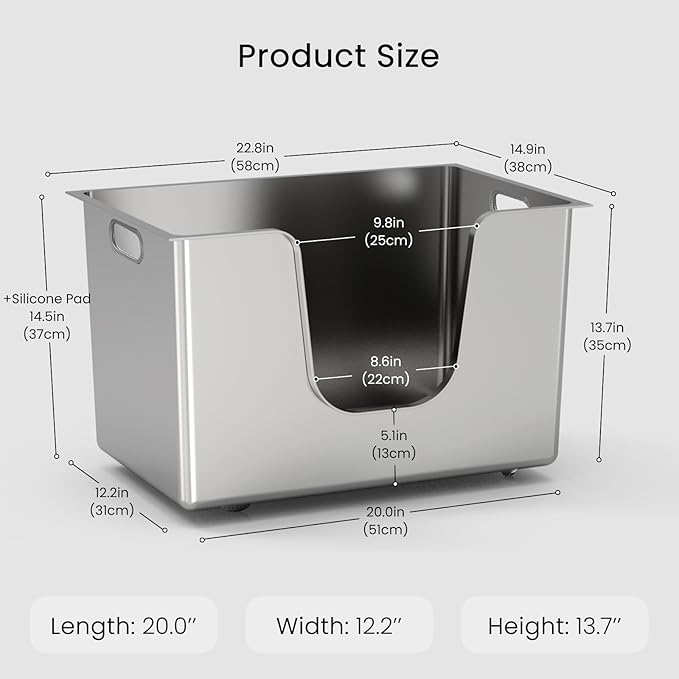 Enclosed Stainless Steel Cat Litter Box 13.8” High Sides, Extra Large Litter Box for Big Cats, XL Metal Kitty Litter Pan Pet Toilet with Wheels for Easy Mobility, Anti-Leakage, Non-Sticky, Easy Clean