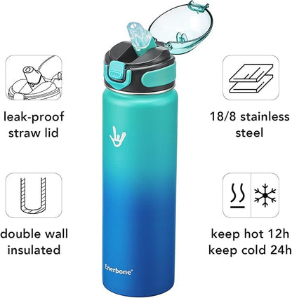 Enerbone 24 oz Insulated Water Bottle, Stainless Steel Bottle with Carrying Strap, Double-Wall Vacuum Insulation Design, Leakproof Sports Bottle with Straw, Keep Drinks Cold or Hot for Hours