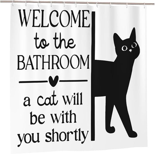 Jakayla Funny Shower Curtain Set – Cute Black Cat Bathroom Decor, Waterproof Polyester Fabric for Cat Lovers Shower Curtain Set with Hooks 72x72 Inch