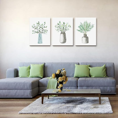 AHUASJART Canvas Wall Art Paintings For Kitchen Dining Room Large Size Wall Decor For Living Room Bedroom Wall Decoration Office Decor Green Leaf Vase Wall Pictures Artwork For Home Walls 3 Piece
