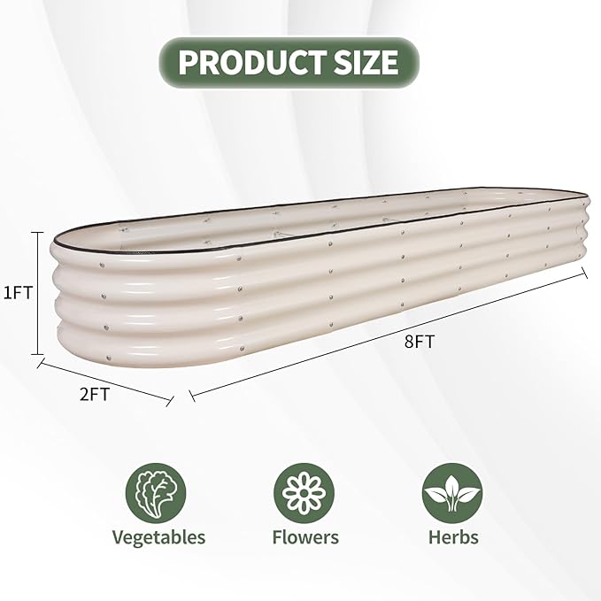 1MORE Galvanized Raised Garden Bed- Planter Garden Boxes Outdoor, Raised Beds for Gardening, 8x2x1ft Metal Garden Bed Kit for Vegetables Flower, Planter Raised Beds with Protective Tape & Tools.White