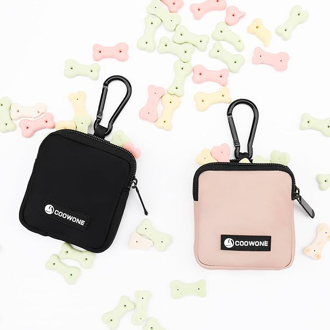 Dog Treat Pouch 2 PCS, Waterproof Small Dog Treat Bag for Leash, Hands Free Puppy Walking Bag with Carabiner, Pet Poop Bag Holder for Pet Puppy Travel or Outdoor Use, Zipper Closure to Avoid Spilling