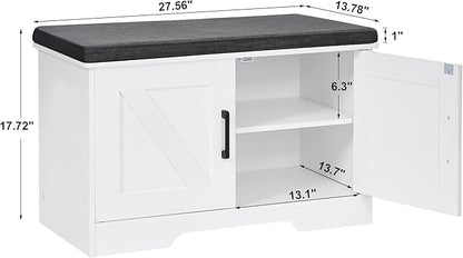 2-Tier Storage Bench, Shoe Bench with Padded Seat Cushion, Entryway Bench with 2 Barn Doors, Adjustable Shelf, 13.8" D x 27.6" W x 17.7" H, for Entryway, Living Room, Bedroom, White