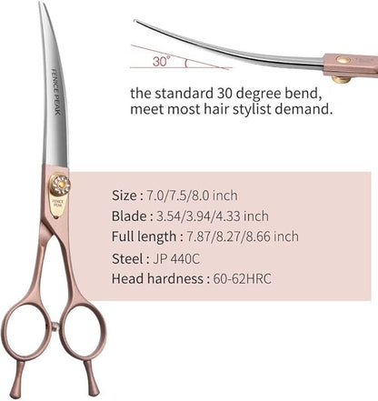 Fenice Peak Professional Curved Dog Grooming Scissors 7'' Rose Gold 440C Stainless Steel Pet Cutting Shears Safety Trimming Shearing for Dogs Cats