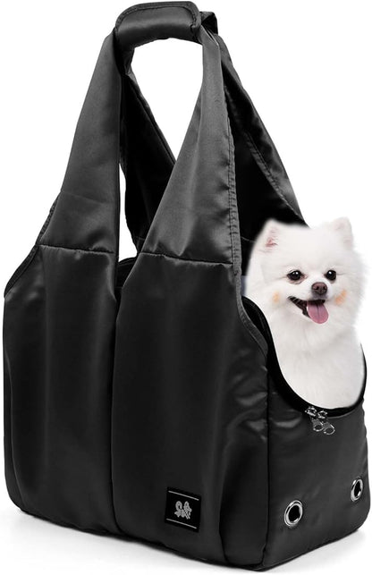 Dog Purse Carrier for Small Dogs, Cats, and Puppies – Soft-Sided Travel Pet Tote Bag with 4 Large Pockets, Foldable, Lightweight, Fits Pets up to 15 lbs, for Travel, Outings (Black)