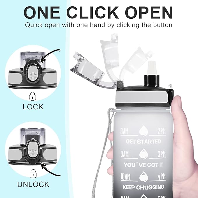 Enerbone Water Bottle, Leakproof BPA & Toxic Free, Motivational Water Bottle with Times to Drink and Straw, Fitness Sports Water Bottle with Strap for Office, Gym, Outdoor Sports