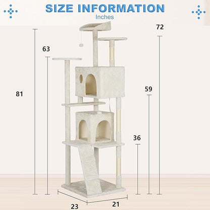 FDW Cat Tree Tower 81in Multi-Level Durable Cat Scratching Post & Cozy Fun Jumping Platform Space Saving Condo Pet Play House for Indoor Cats,Beige