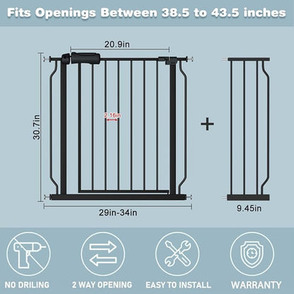 Extra Wide Black Baby Gate 38.5-43.5 Inch Walk Through Pressure Mounted Safety Gate No Drill Tension Metal Gate for Dog Cat and Infant Toddler